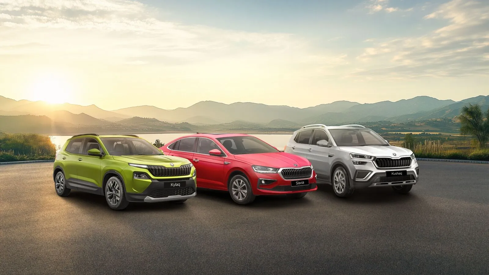 Skoda Kushaq, Slavia और Kylaq के लिमिटेड एडिशन, तीनों कारों को एक साथ दिखाया गया है।