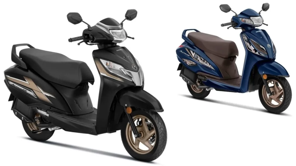 Two Honda Activa scooters, one in black with gold accents and the other in blue with brown seats, showcased side-by-side, representing models that are now more affordable due to the Honda GST Price Cut.