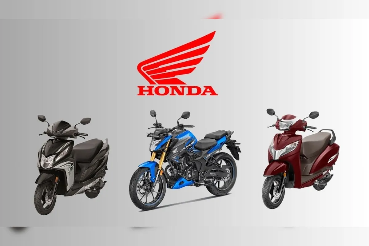 A composite image showcasing various Honda two-wheelers, including a black Dio scooter, a blue CB Hornet 2.0 motorcycle, and a red Activa scooter, representing the range of models that are now part of the Honda Two-Wheelers Price Cut due to GST reforms.