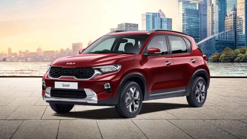 Kia Sonet, a top-selling Diesel Compact SUVs, parked in a garage, focusing on its tiger-nose grille and sleek headlights, now more affordable.

