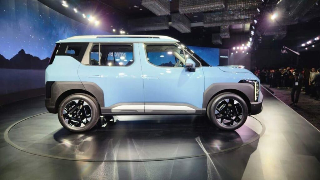 A front view of the new Kia Syros, an upcoming Diesel Compact SUVs, highlighting its unique design language and bold aesthetics with significant price cuts.