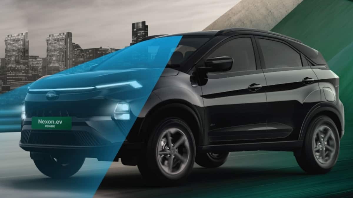 A sleek, all-black Tata Nexon EV ADAS #DARK Edition electric SUV is shown in a modern setting, highlighting its design and the new advanced driver assistance features.