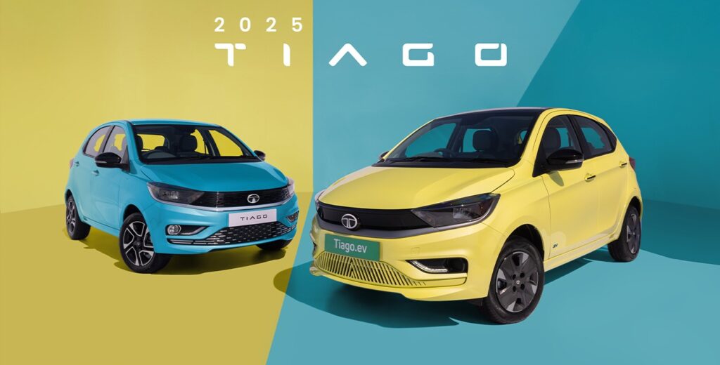 2025 मॉडल की Tata Tiago (नीले और पीले रंग में) और Tiago.ev की रेंडर इमेज, जिसने Tata Motors September Sales में 97% की वृद्धि के साथ शानदार प्रदर्शन किया।
