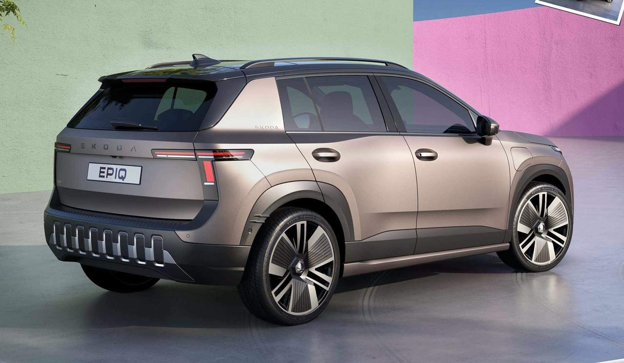 Skoda Epiq EV का पिछला भाग एक कॉन्सेप्ट इमेज में, जो संभावित Skoda First India-Made EV के डिज़ाइन तत्वों को दर्शाता है।