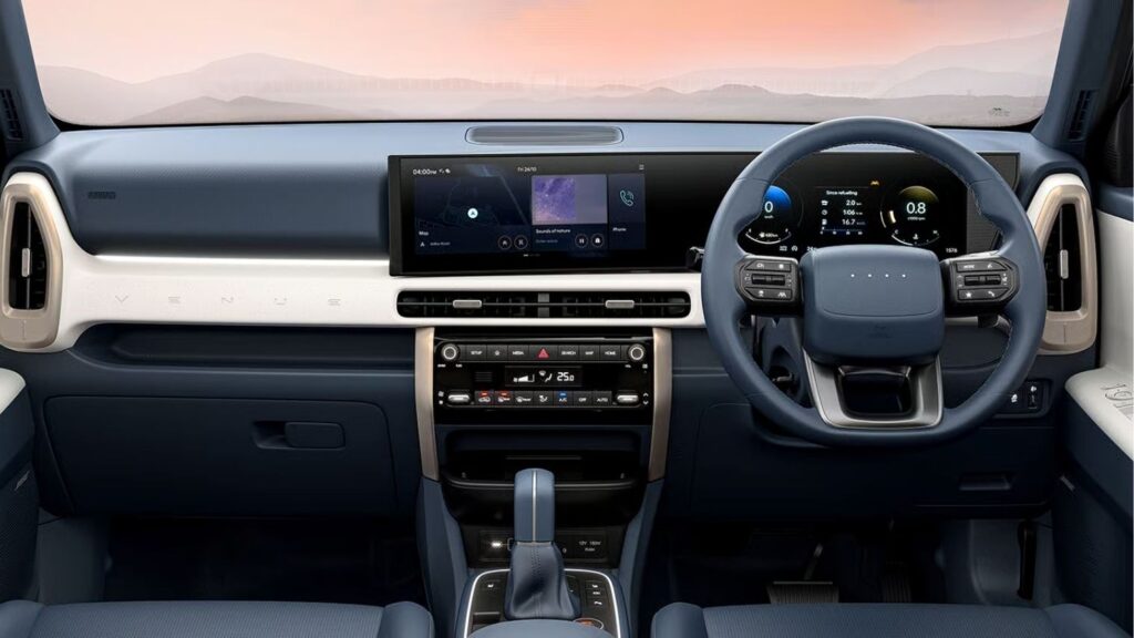 2025 Hyundai Venue interior showing new dashboard design, dual-screen infotainment system, and advanced ADAS features